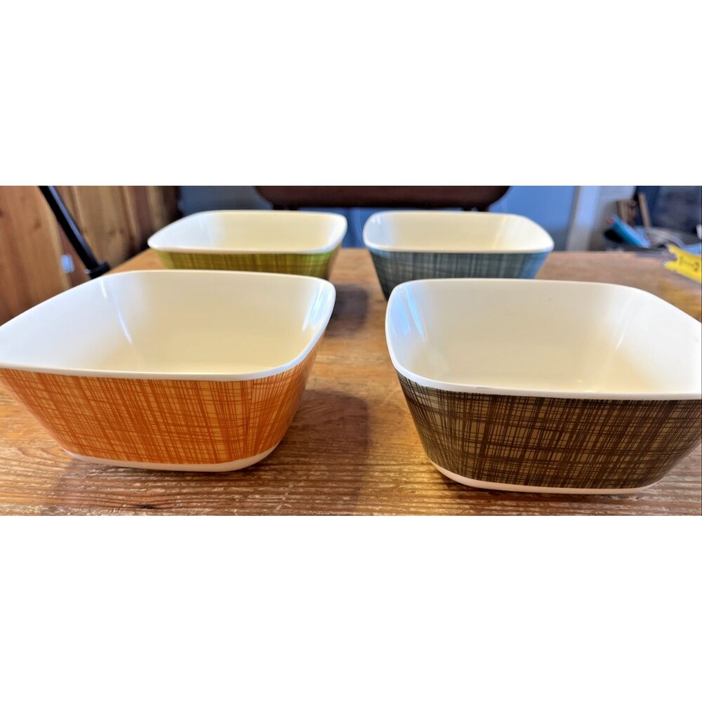 Orla Kiely Scribble Bowl Set 6” Square Melamine Bowls Lot of 4 Green Brown Blue
